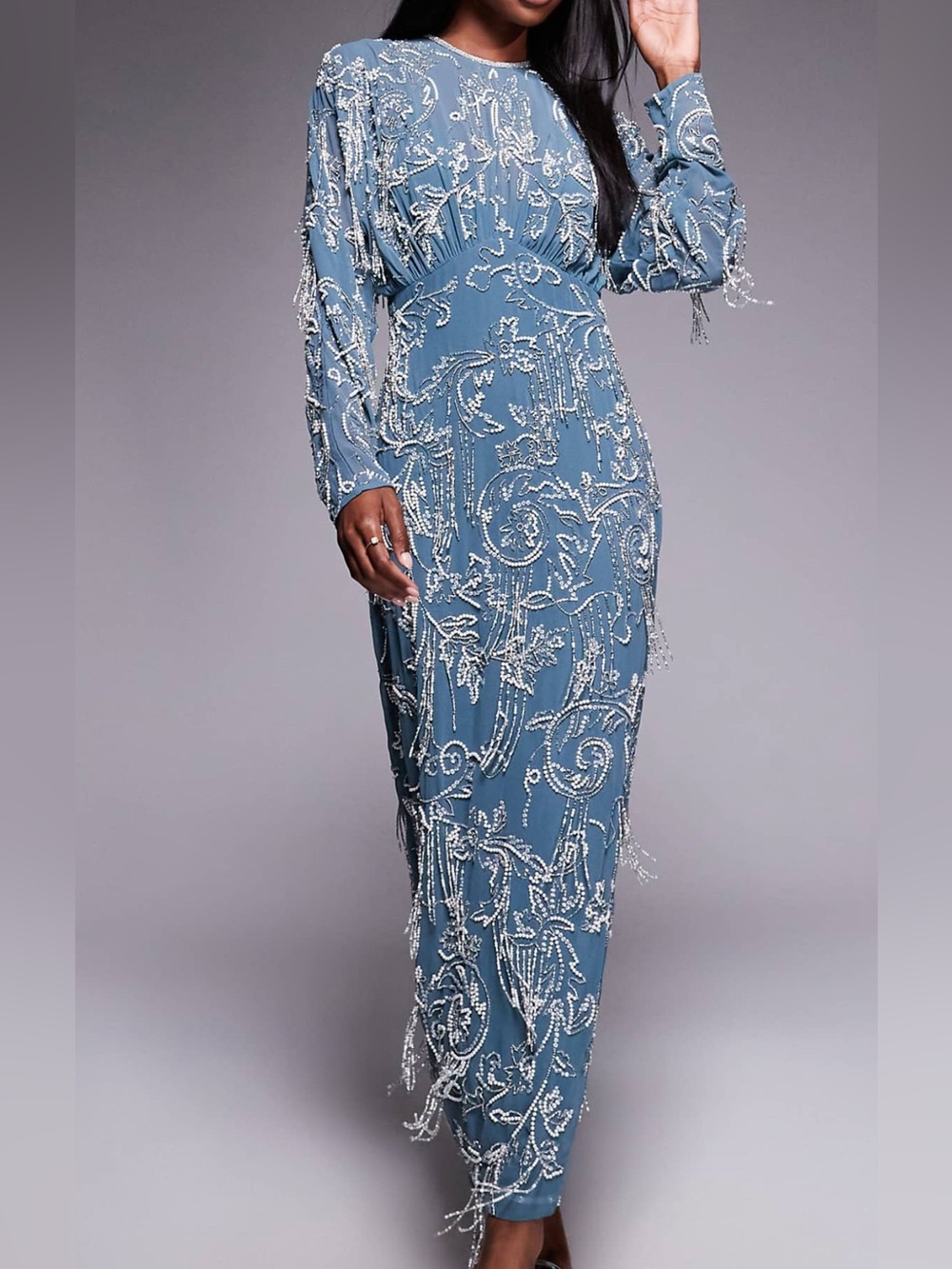 ASOS Blue Beaded Maxi Dress with Fringe Embellishment
